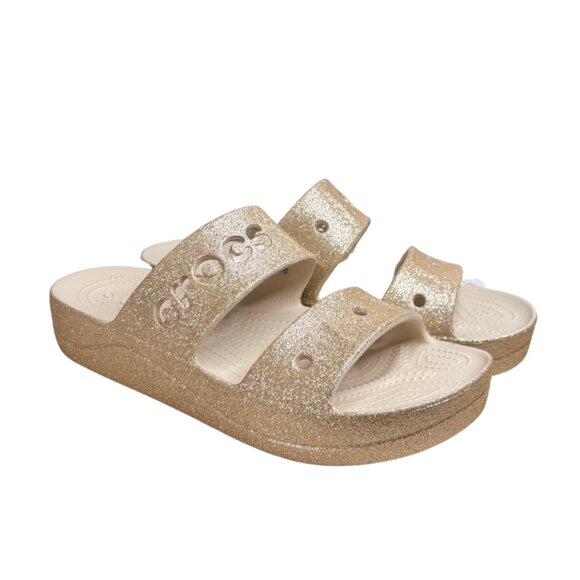 CROCS Baya Wedge Platform Flip Flop Slide Sandal Glitter Gold Women's Size 10 - Picture 1 of 7